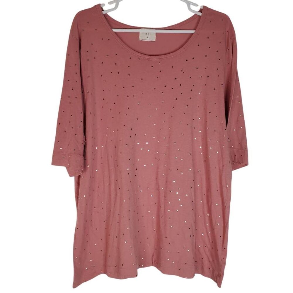 T.La Scoop Neck Half Sleeve Metallic Gold Polka Dot Cotton Blend Top Rose XL